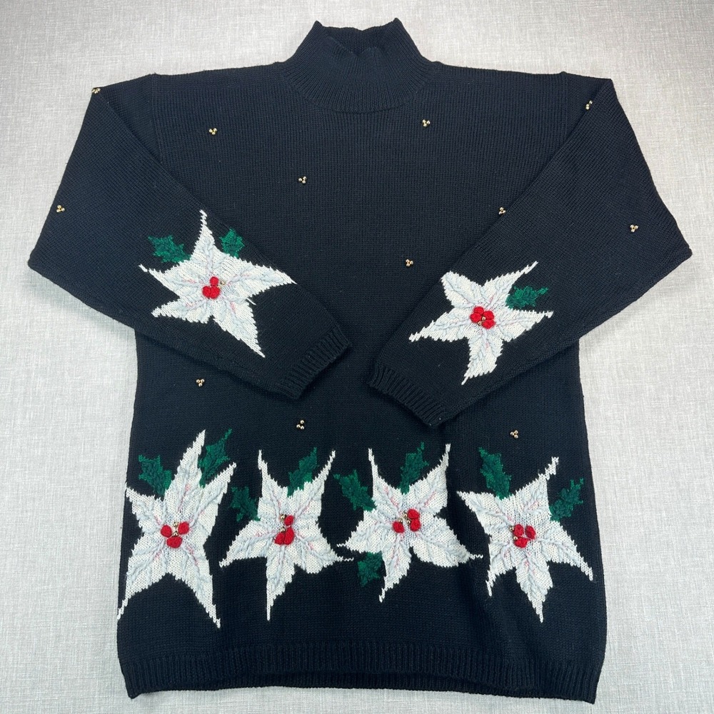 Signature Expressions Sweater Womens M Black Poinsettia Beaded Christmas Vintage